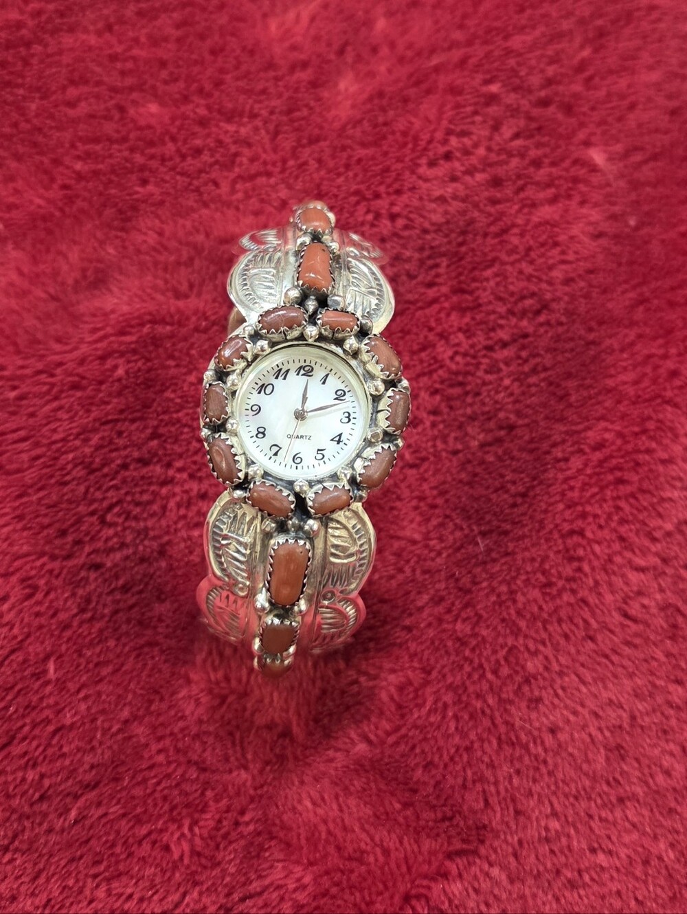 Handcrafted Native American  Sterling Silver Coral Stone Women’s Watch